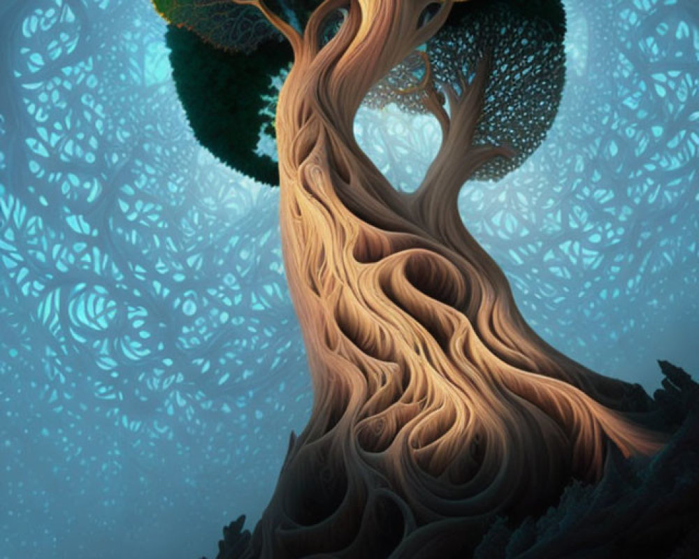 Intricate Yin-Yang Tree Illustration on Blue Background