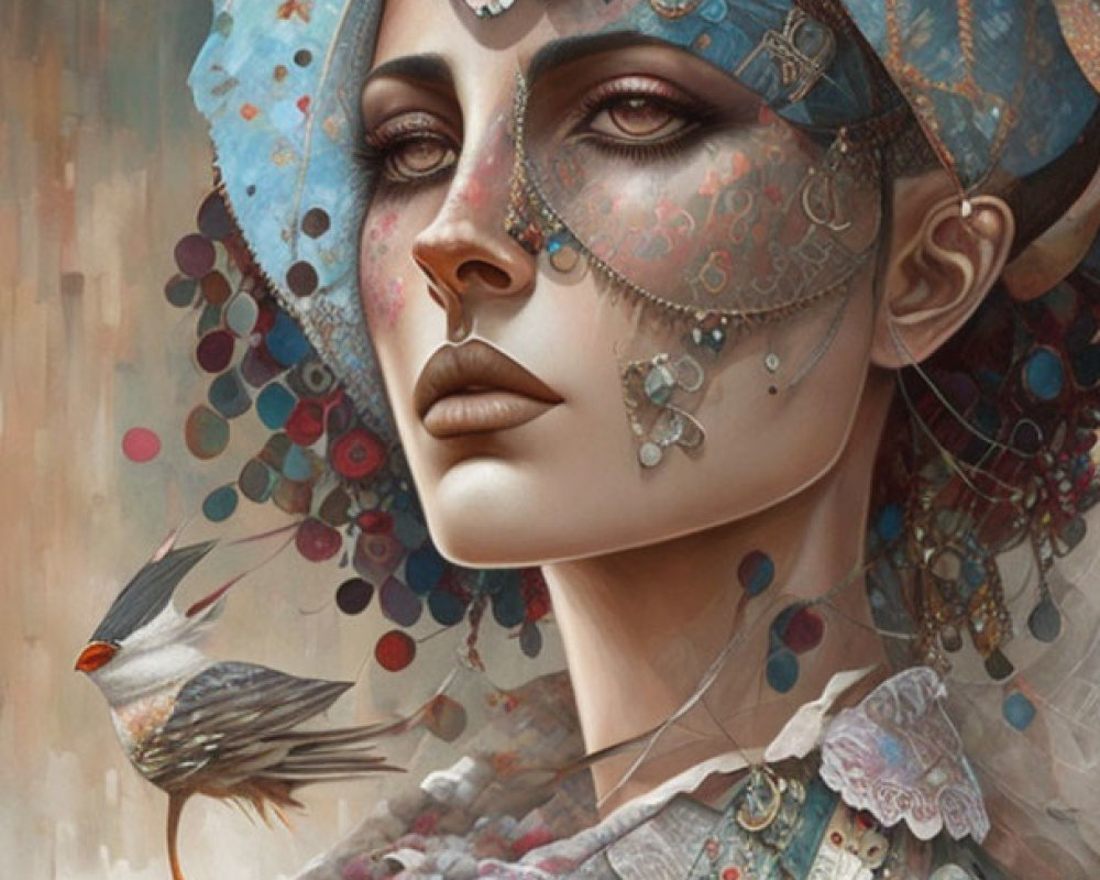 Woman with ornate face paint and headscarf, mechanical accents, birds, and autumn leaves.