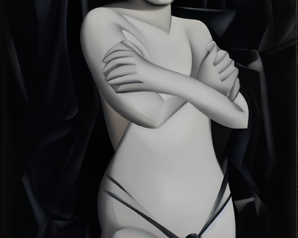 Monochromatic stylized female figure with goggles on dark background