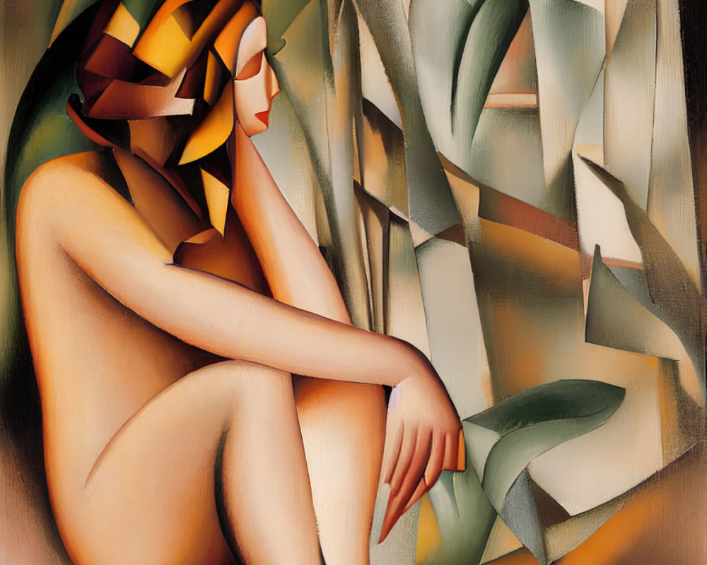 Cubist painting of seated nude figure in muted colors