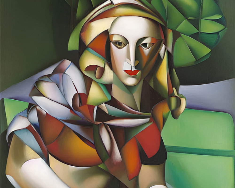 Stylized cubist female figure in colorful attire on green background