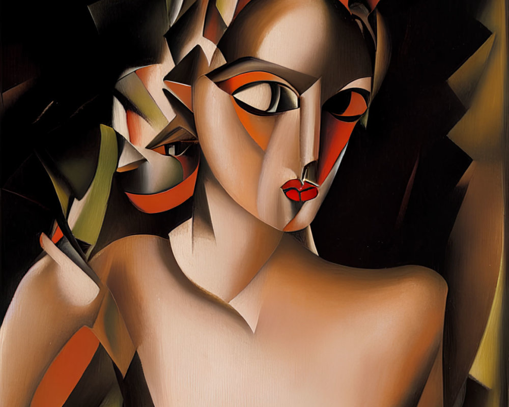 Geometric Cubist portrait of a female figure in brown, black, and orange with red lips.