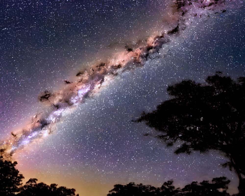Night Sky with Milky Way and Cosmic Colors Above Silhouetted Trees
