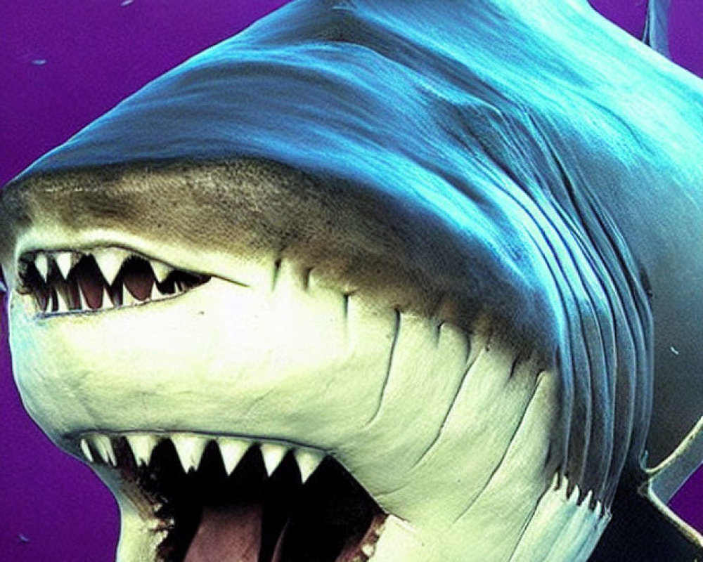 Detailed View of Open-Mouthed Shark in Purple Waters