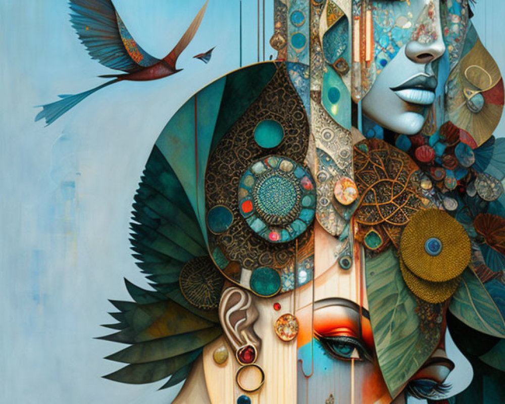Vibrant surreal portrait of woman with geometric headdress and bird.