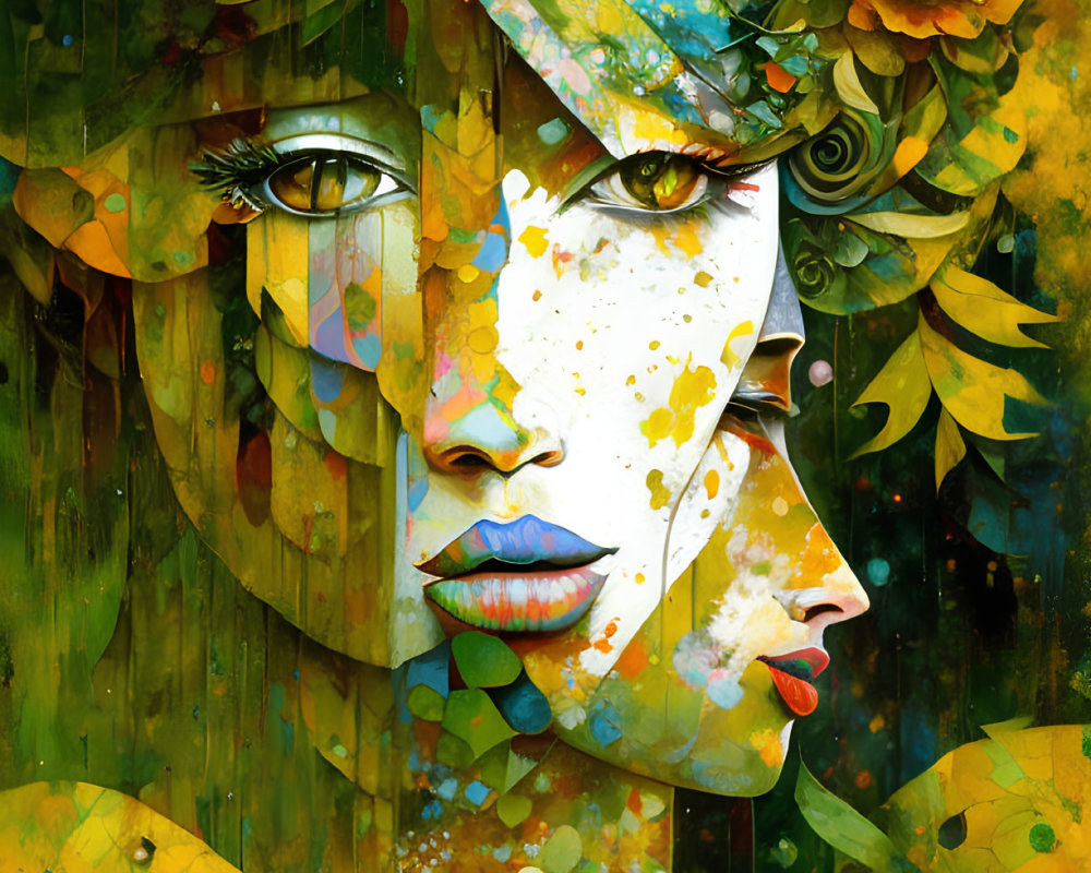 Colorful autumn leaves merge with woman's face in vibrant illustration