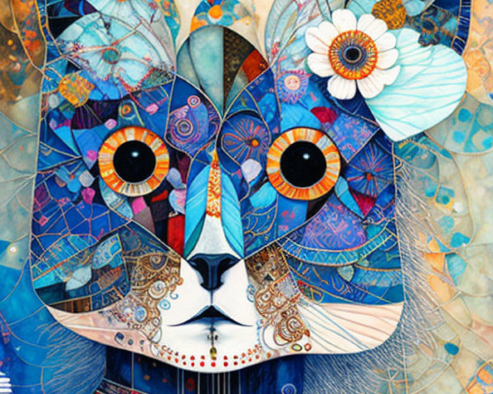 Abstract Cat Face Art with Geometric and Floral Patterns in Blue, Orange, and White