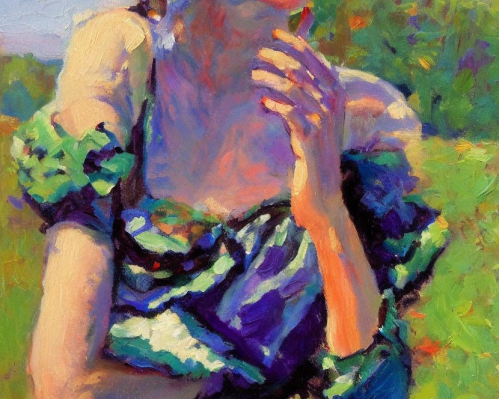 Colorful Impressionist Painting of Woman in Green Dress