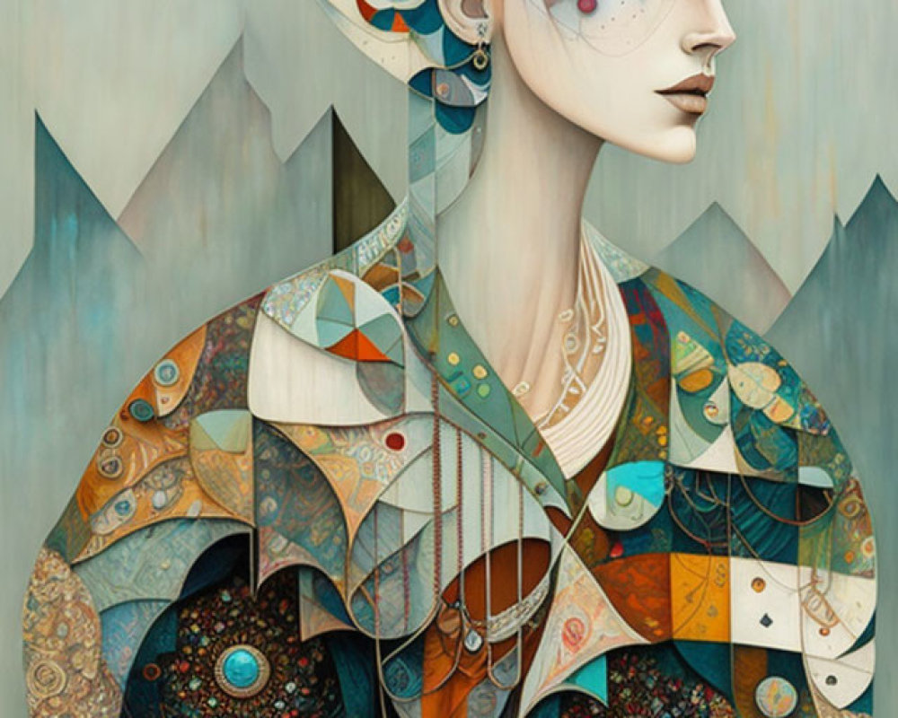 Geometric mosaic attire on serene woman illustration