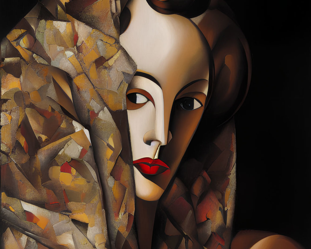Stylized portrait of a woman with patterned shawl and bold red lips