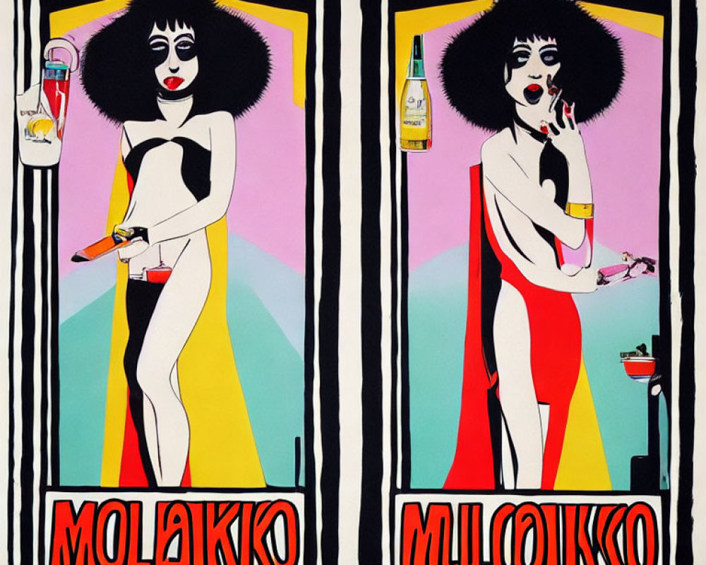 Pop Art Style Illustration: Female Figure in Black Leotard with Perfume Bottle and Cocktail