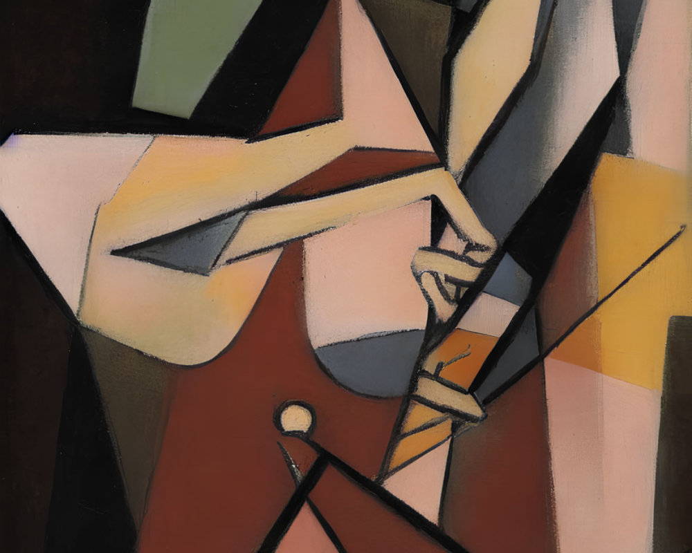 Cubist painting with interlocking shapes in brown, tan, and green with star and figure.