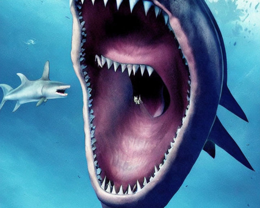 Digitally Enhanced Oversized Shark with Open Mouth in Underwater Scene