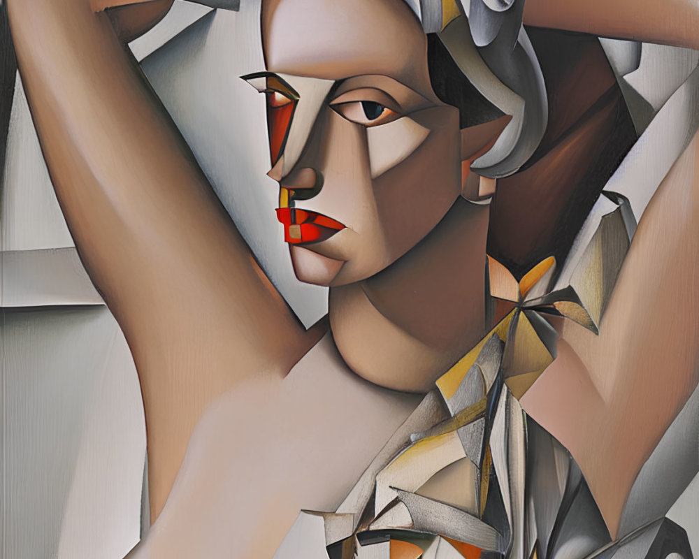 Abstract Cubist-style Woman Painting in Neutral Tones with Red Accents