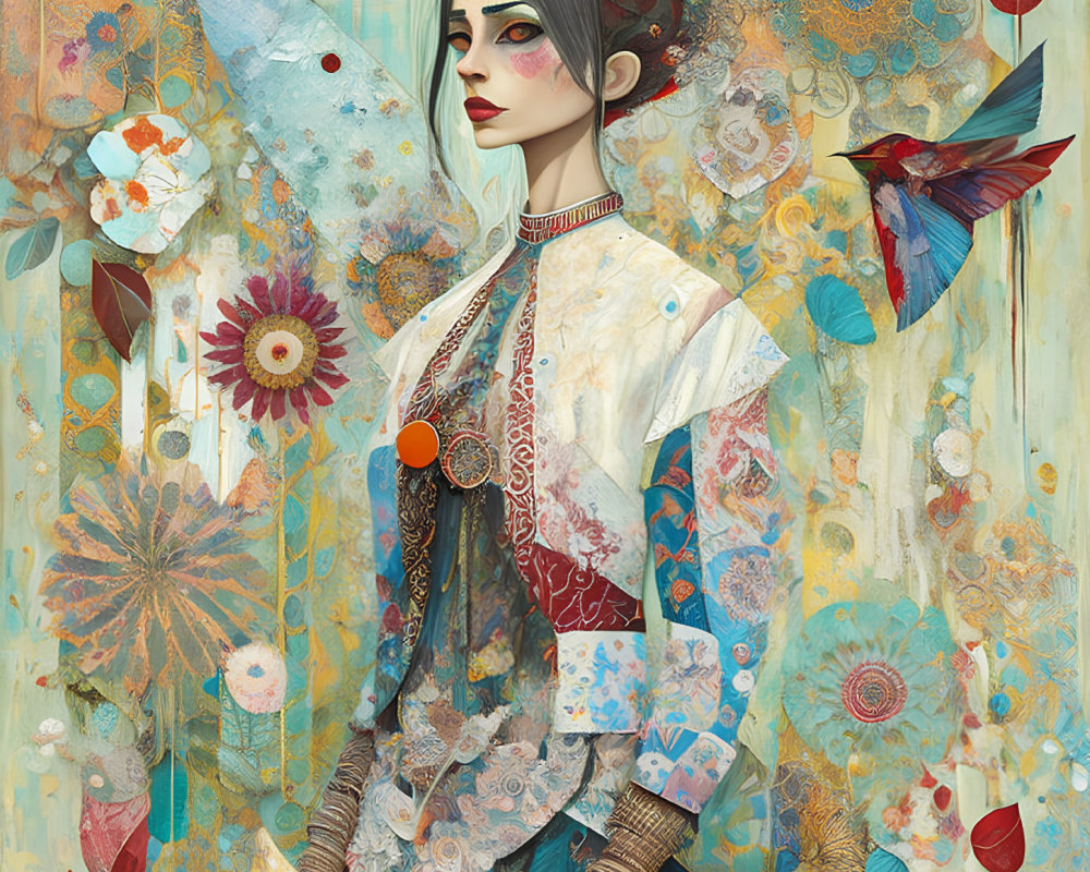 Stylized woman with butterfly motif, floral patterns, and hummingbird in whimsical setting