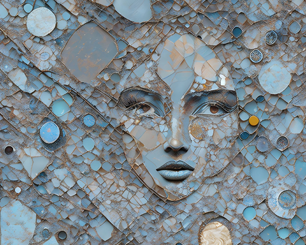 Abstract Collage: Woman's Face in Blue and Beige Circles