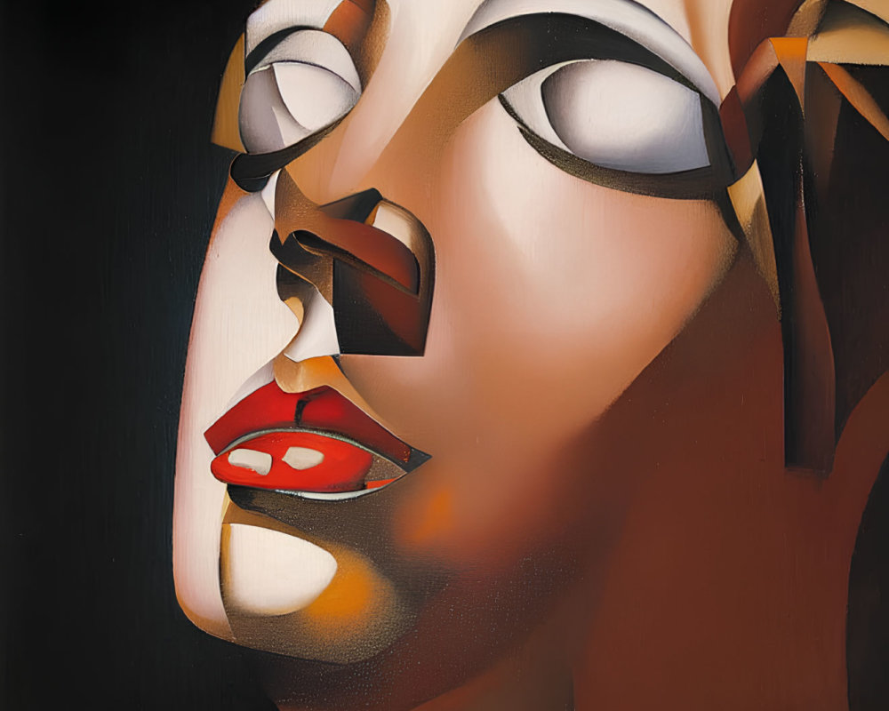 Cubist-style painting of fragmented woman's face with red lips