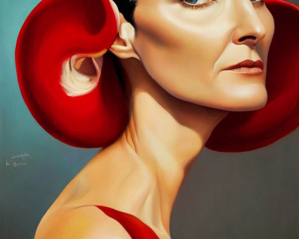Realistic painting of a woman with dark eyes in red outfit