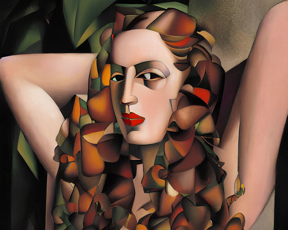 Stylized portrait of a woman with cubist influences and earthy tones.