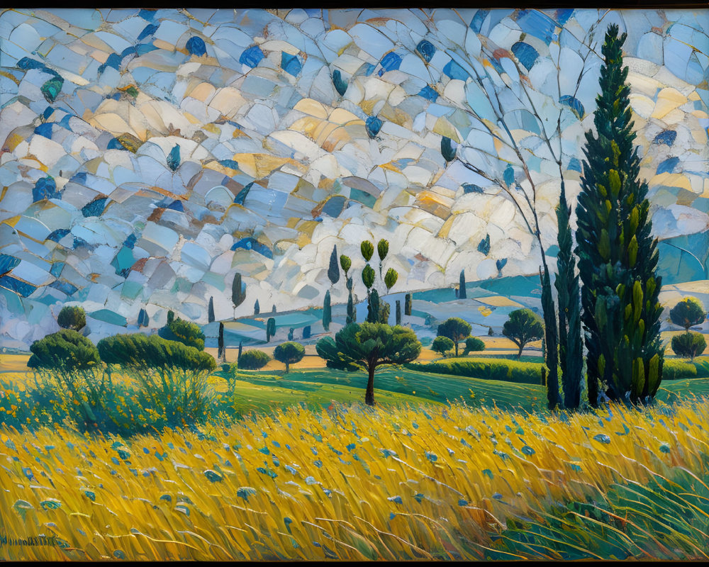 Colorful Cubist Landscape Painting with Yellow Flowers, Cypress Trees, and Geometric Hills