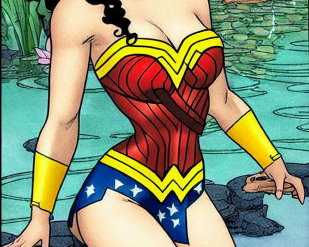 Illustration of Wonder Woman in classic costume by tranquil pond