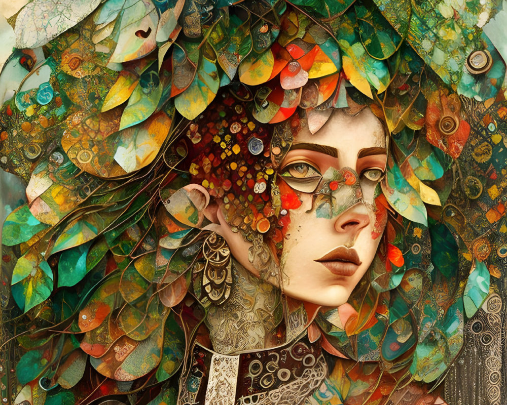 Colorful digital artwork: Woman with ornate leaf and mechanical headdress