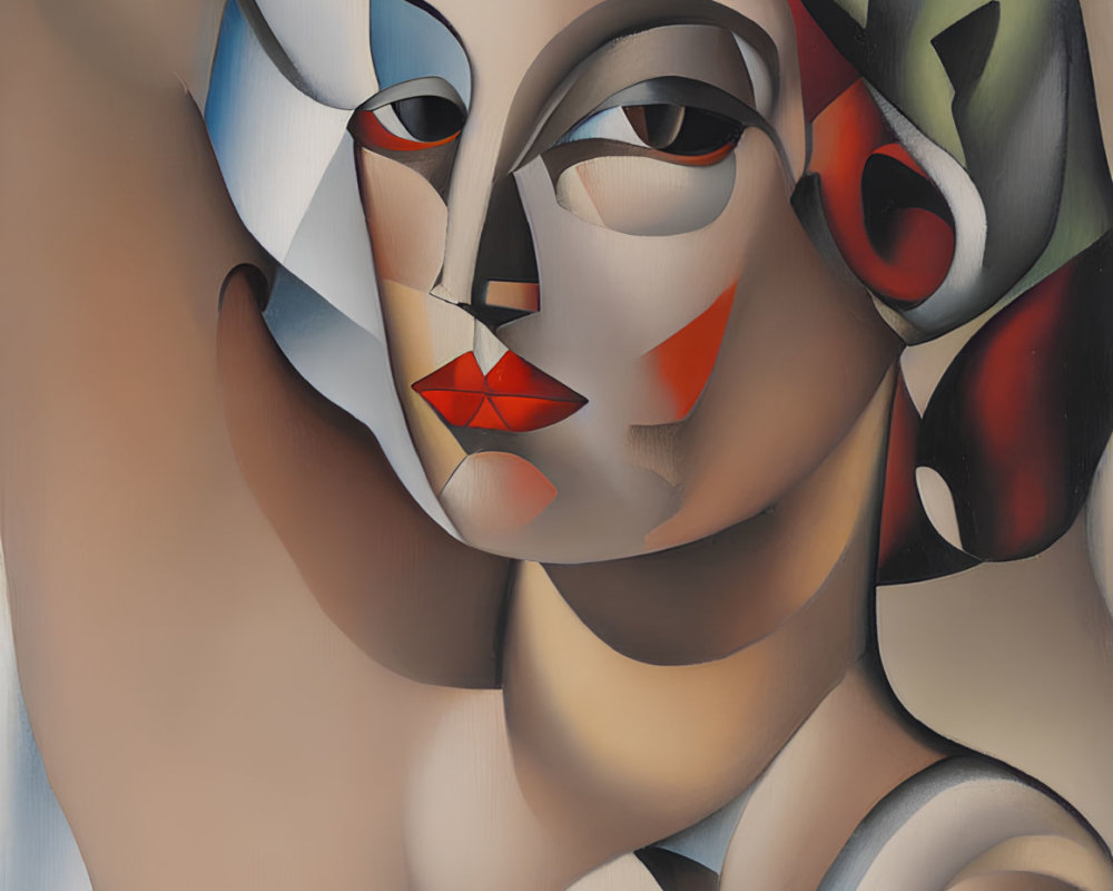 Abstract portrait of stylized female figure in muted earth tones with pops of red
