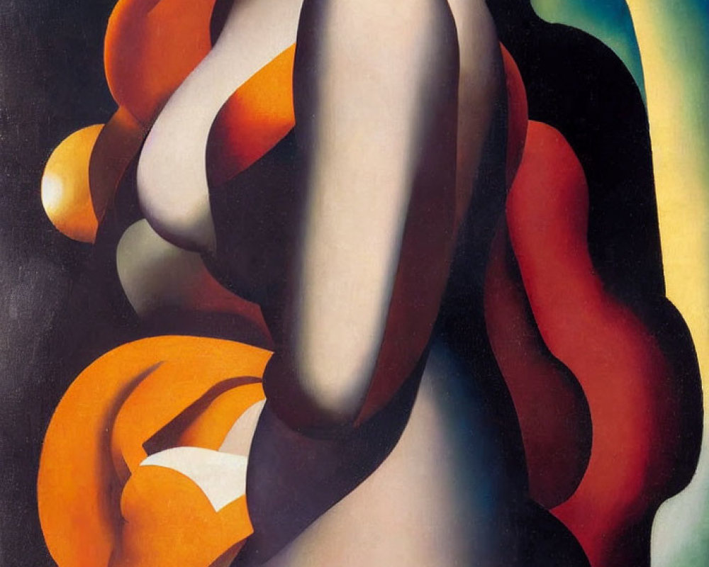 Stylized female figure in abstract painting with flowing forms in orange, red, blue, and grey