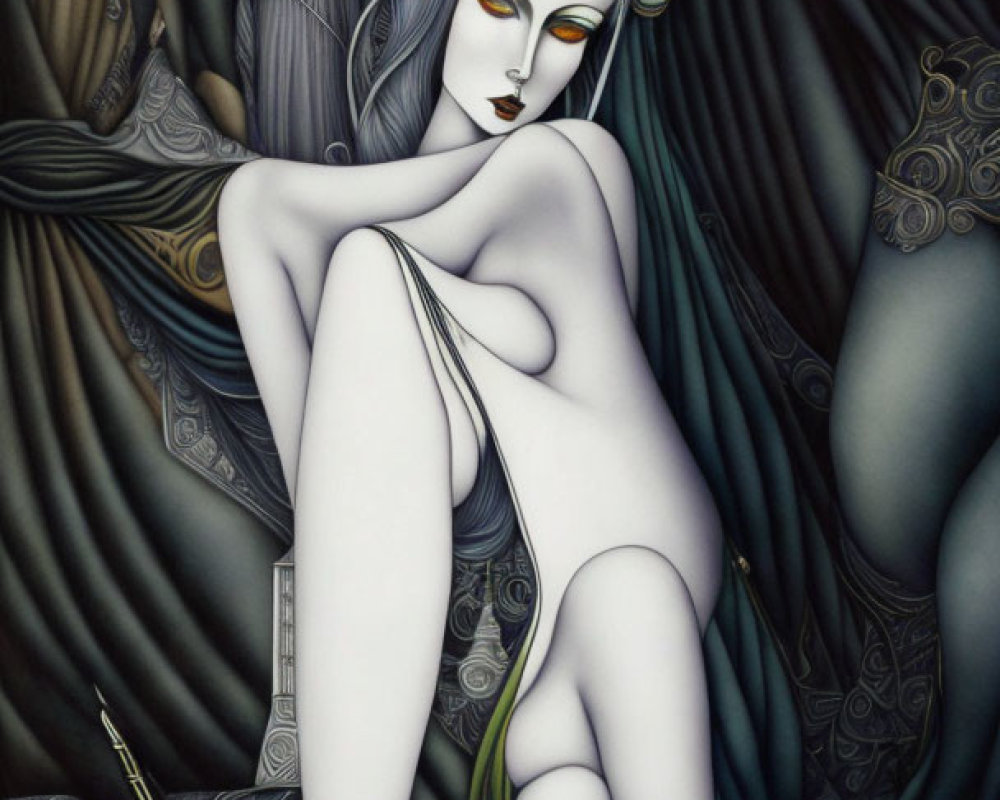 Stylized painting of nude feminine figure with brush, ethereal backdrop