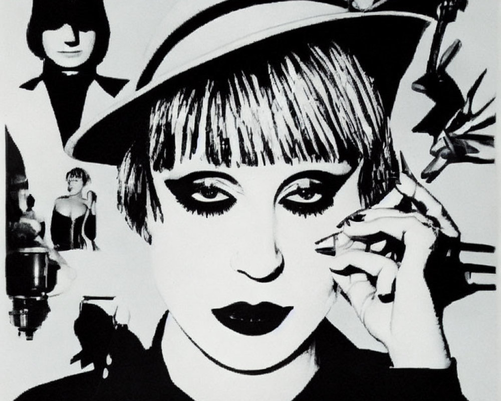 Monochrome artwork of woman in hat applying mascara with silhouettes.