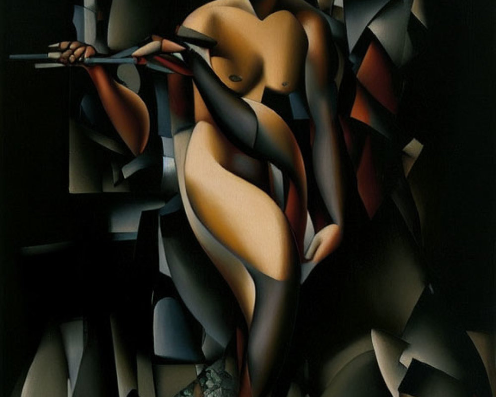 Cubist-style nude figure with blindfold and spear in dark geometric shapes