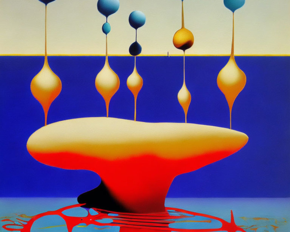 Blue and Gold Droplet Shapes on Red and White Base in Abstract Painting