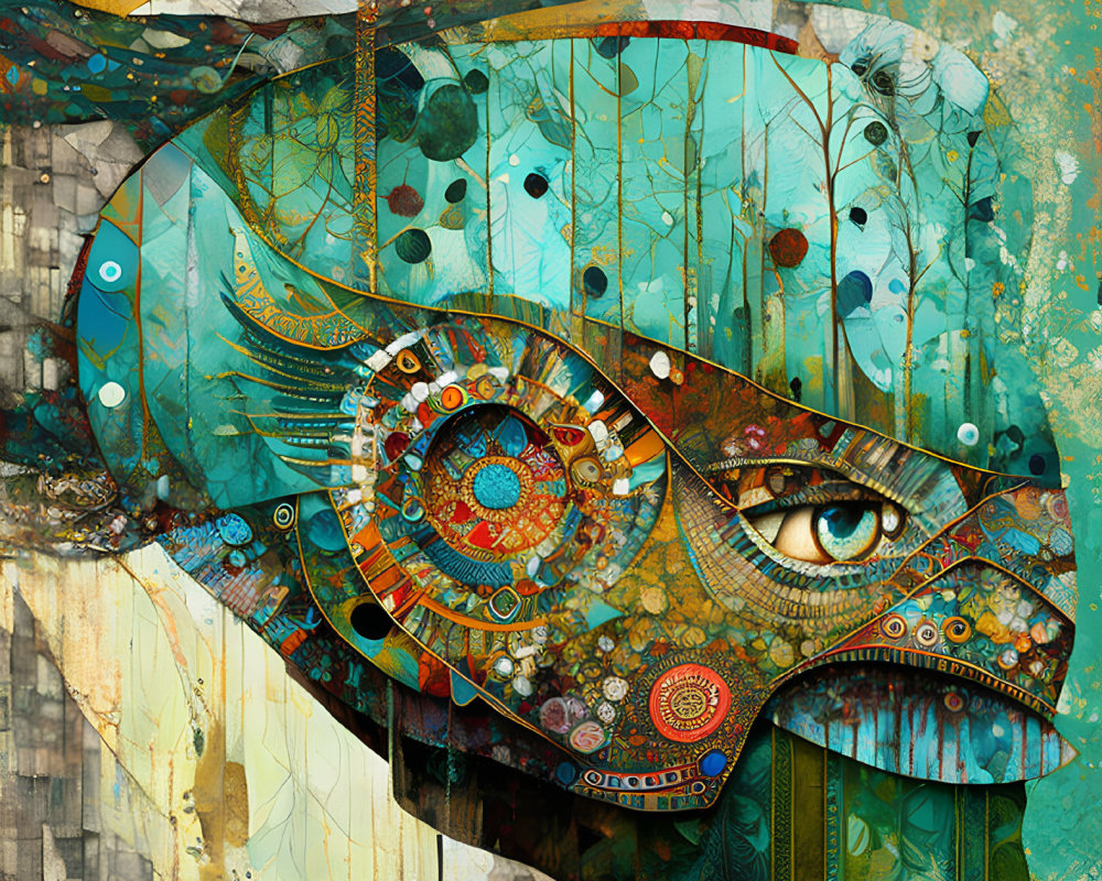 Abstract face art with intricate patterns, mechanical elements, earthy tones