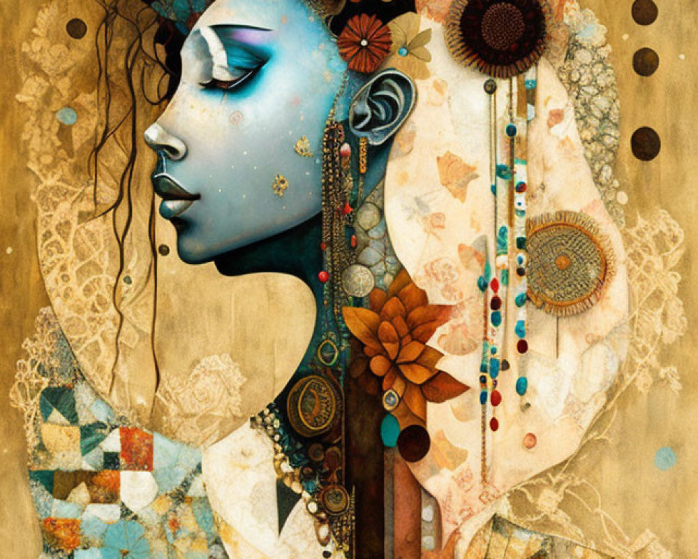 Blue-skinned woman with ornate details on golden background