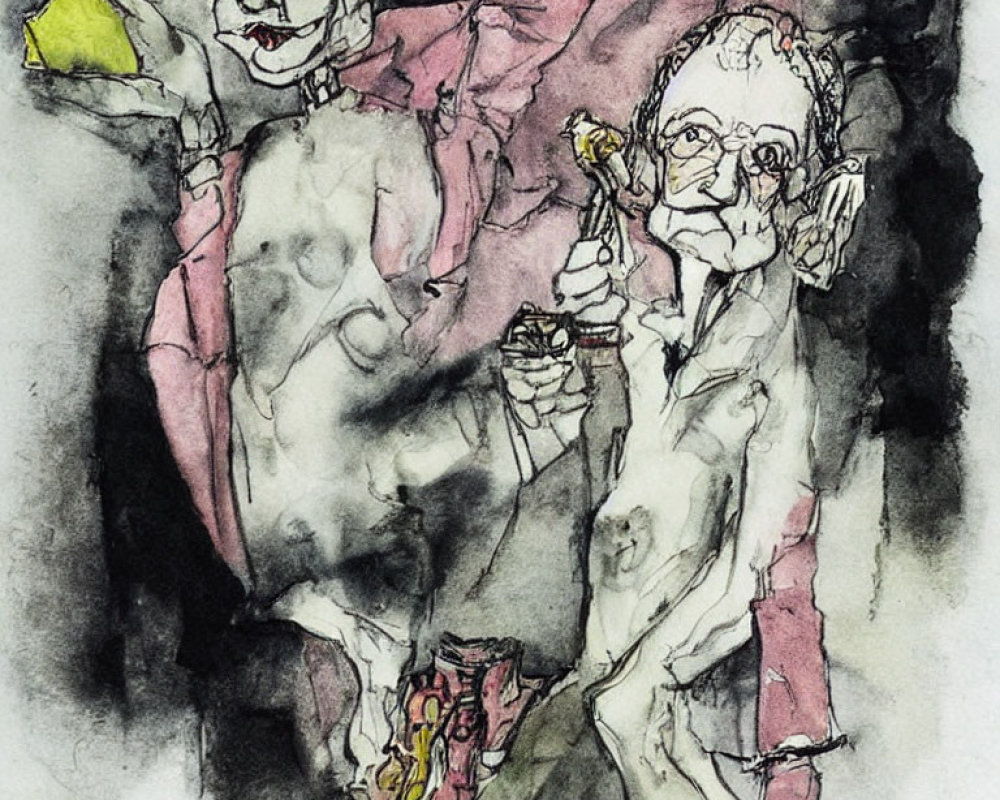 Elderly Figure in Stylized Watercolor Illustration
