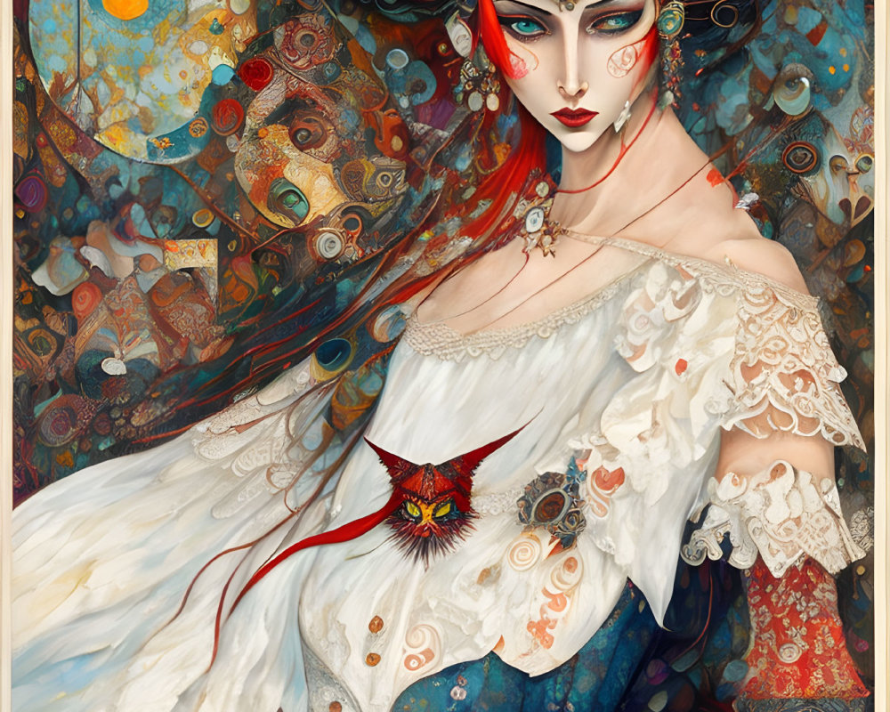 Detailed Digital Artwork of Mystical Woman with Elaborate Jewelry and Celestial Motifs