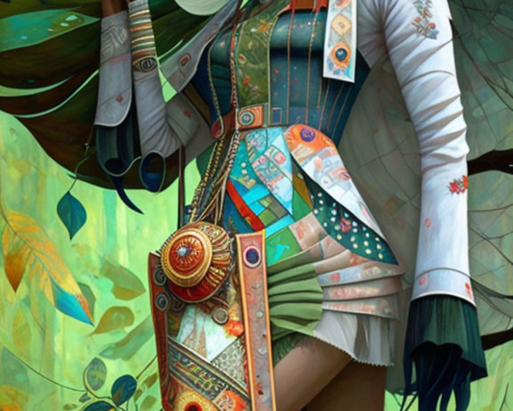 Futuristic female figure with sheathed sword in ornate attire amid lush foliage