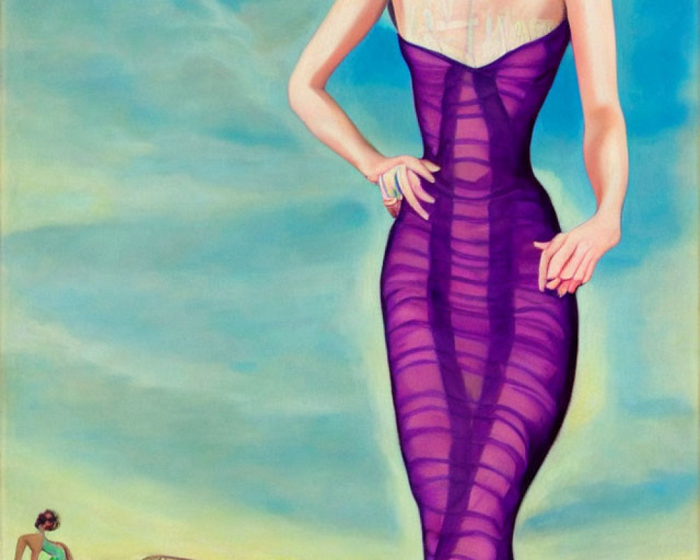 Surreal painting of woman in elongated purple dress on landscape with bridge and figure