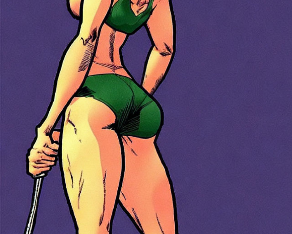Muscular woman in green two-piece outfit with baton pose.
