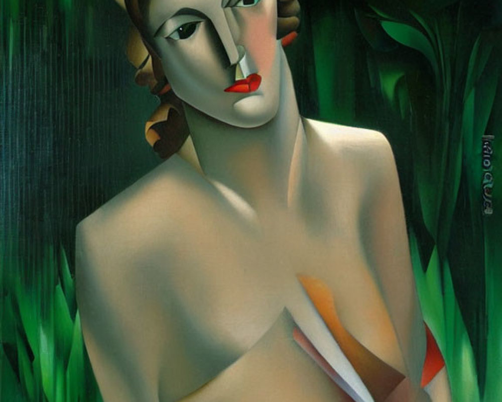Stylized portrait of woman with geometric shapes and green foliage.