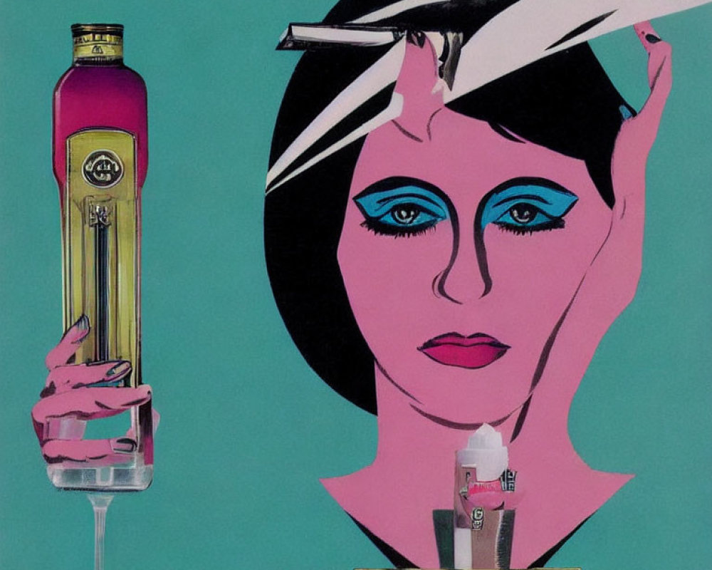Pop Art Style Image of Woman with Blue Eye Makeup and Hand Holding Bottle