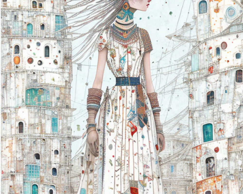 Illustrated woman in patterned dress with whimsical houses and kite in star-spotted sky