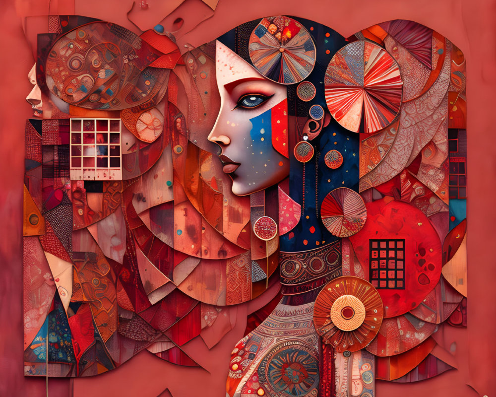 Abstract digital artwork of woman's profile with red textured shapes and blue dotted accents