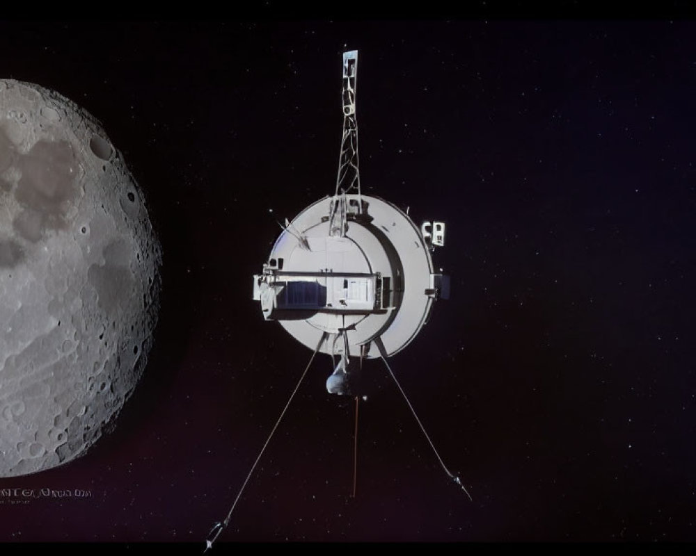 Spacecraft with large antennas near cratered moon and Earth crescent in the distance