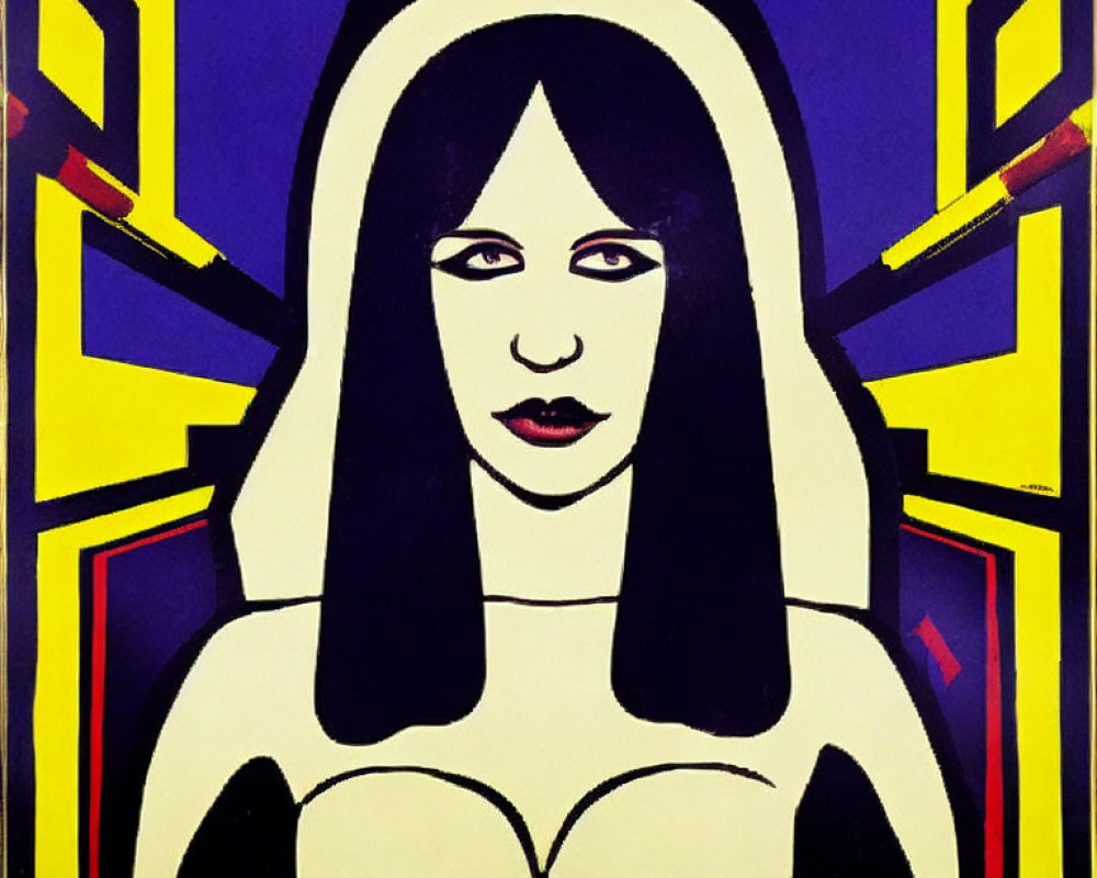 Pop Art Style Portrait of Woman with Dark Hair and Red Lips in Yellow and Purple Geometric Frame