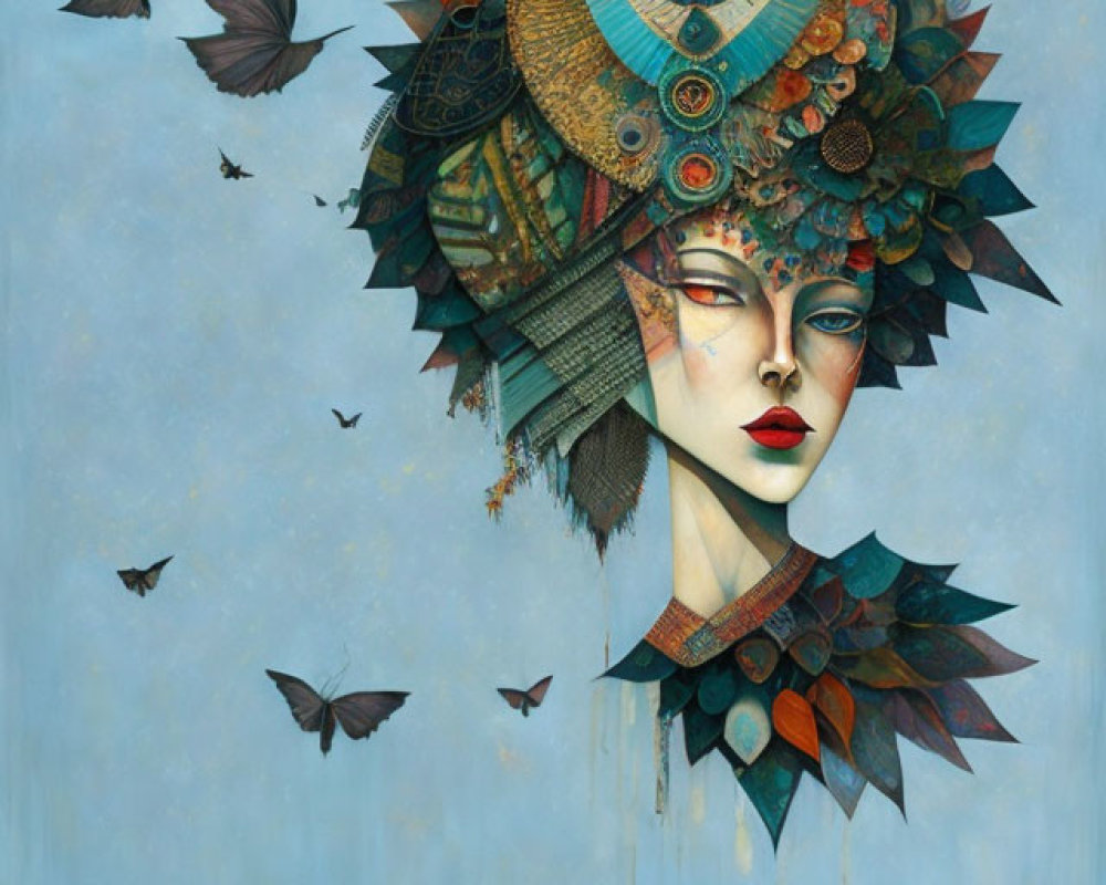 Stylized painting of woman's face with headdress and butterflies on blue background