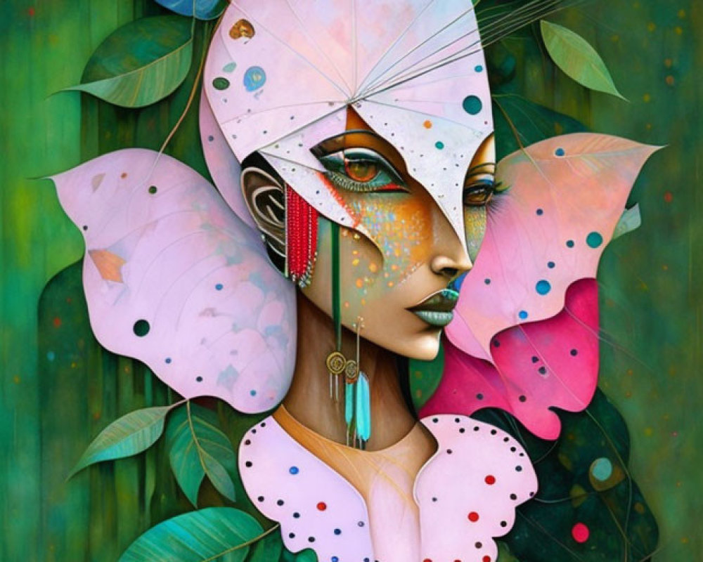 Stylized woman with heart-shaped face surrounded by colorful leaves and butterflies
