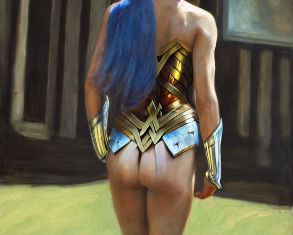 Woman as Wonder Woman walking towards shadowed archway with lasso.