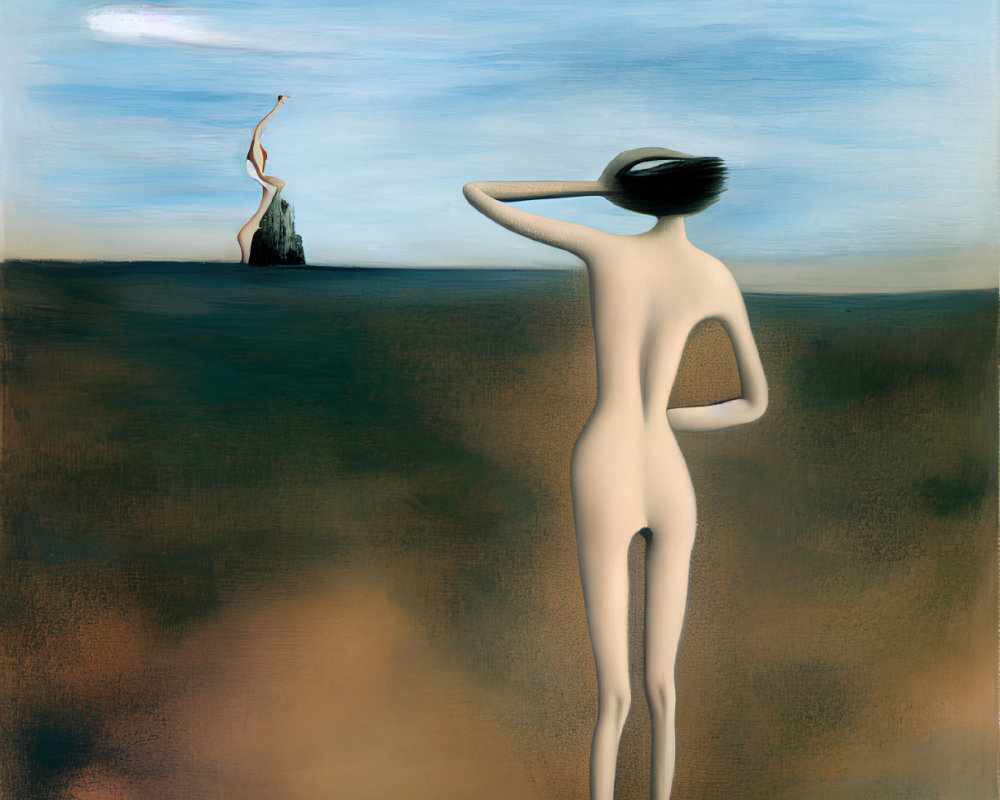 Surrealist painting of two obscured figures in barren landscape