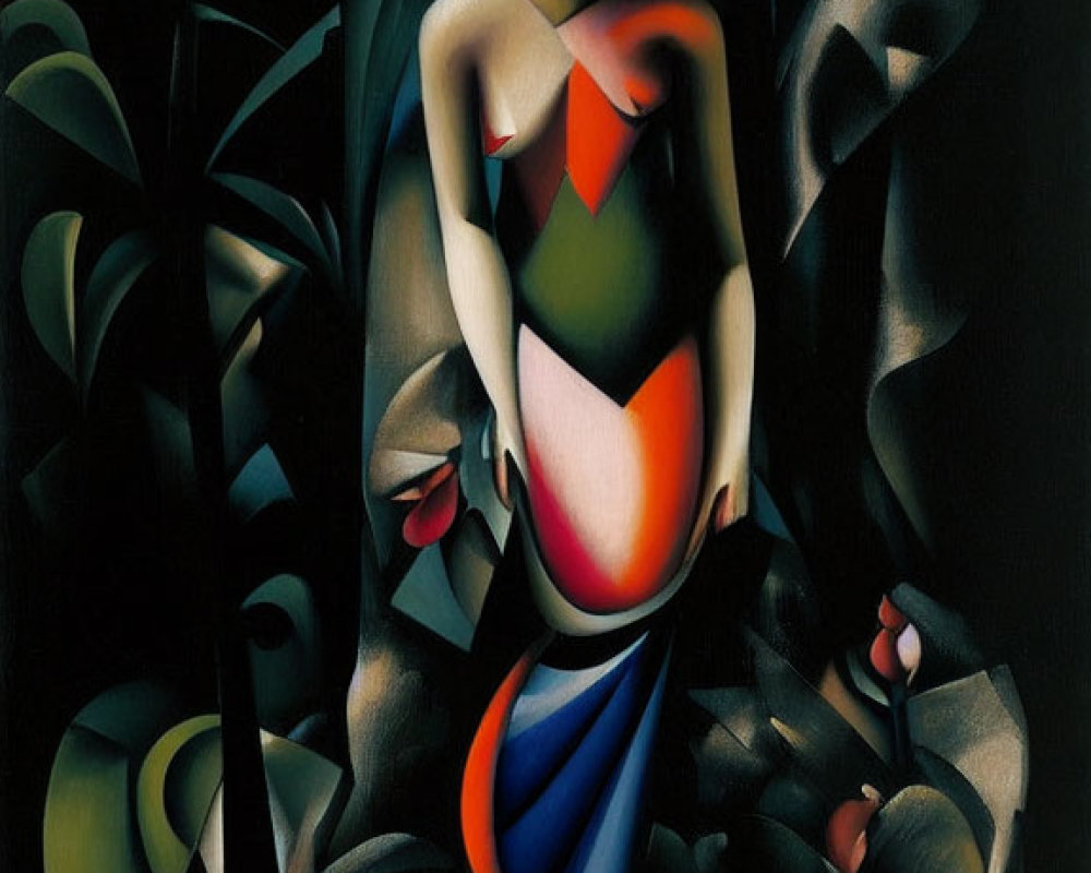 Vibrant artwork featuring woman surrounded by abstract flora in green, blue, and red hues